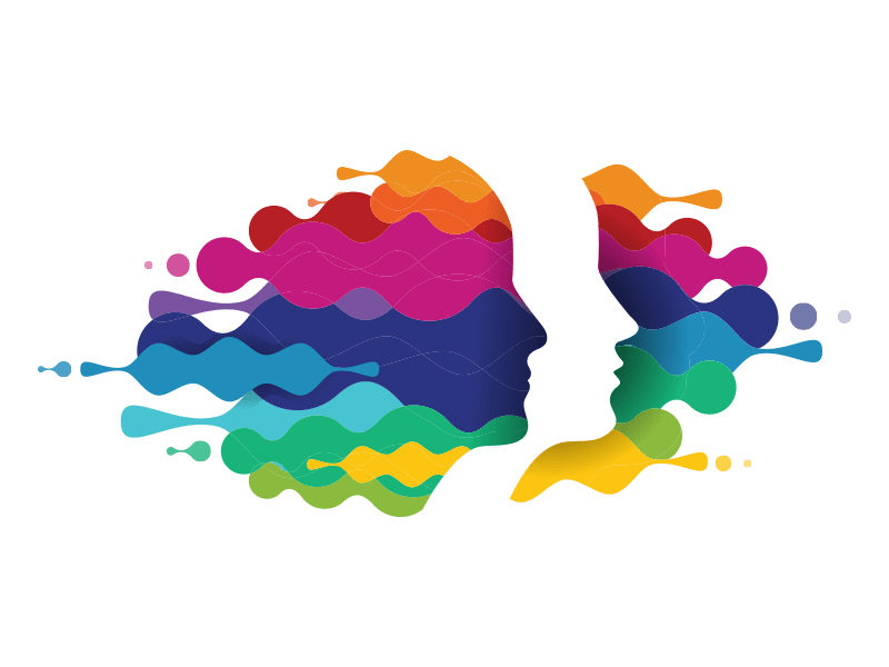 Multi-coloured patterns swirling around a head
